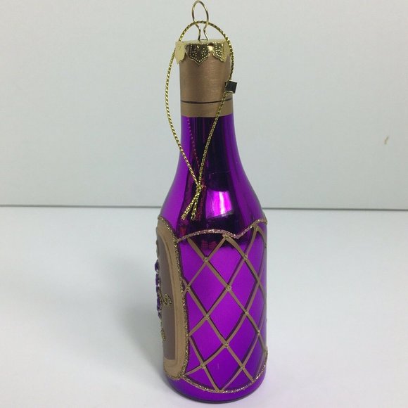 Wine Bottle Christmas Holiday Glass Ornament With Stones Purple Gold Glitter 6" - Picture 4 of 12
